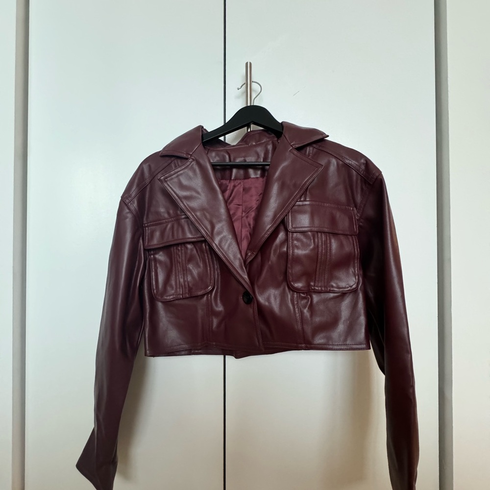 Women's Burgundy Faux Leather Jacket - Picture 2 of 3